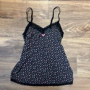 Rene Rofe Sleepwear Cami Tank Top Womens S Black Pink Lace Trim Sheer Mesh